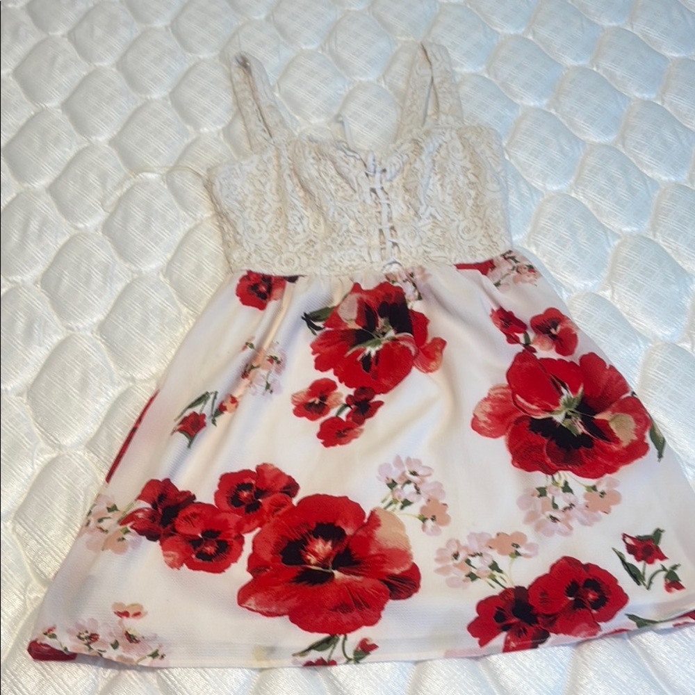 Red and White Floral Chemise with Lace Top
